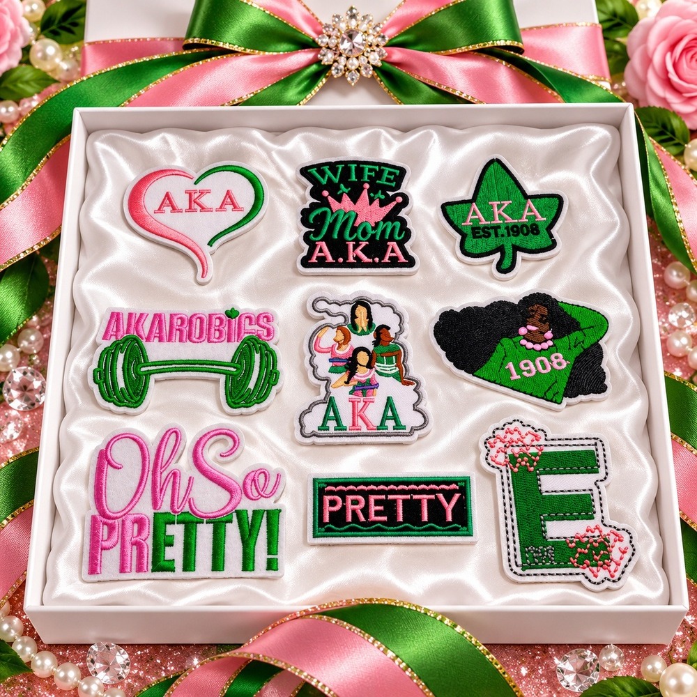 Alpha Kappa Alpha AKA Sorority Pink Green Embroidered Iron On Patch Set 9 Piece